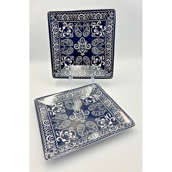 Sur la Table Blue Rectangular Bandana Paisley Tray + 2 Square 8X8 Salad Plates - Picture 8 of 11